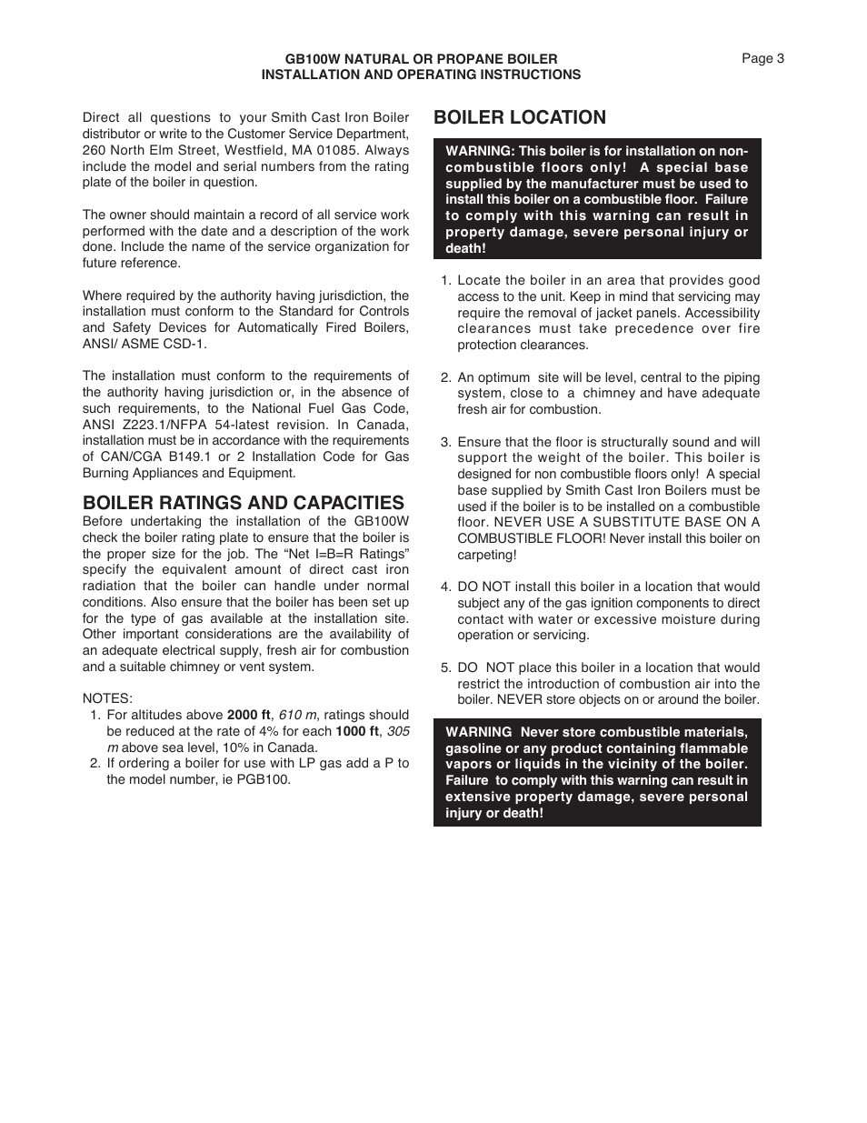 Boiler ratings and capacities, Boiler location | Smith Cast Iron Boilers GB100W User Manual | Page 3 / 32