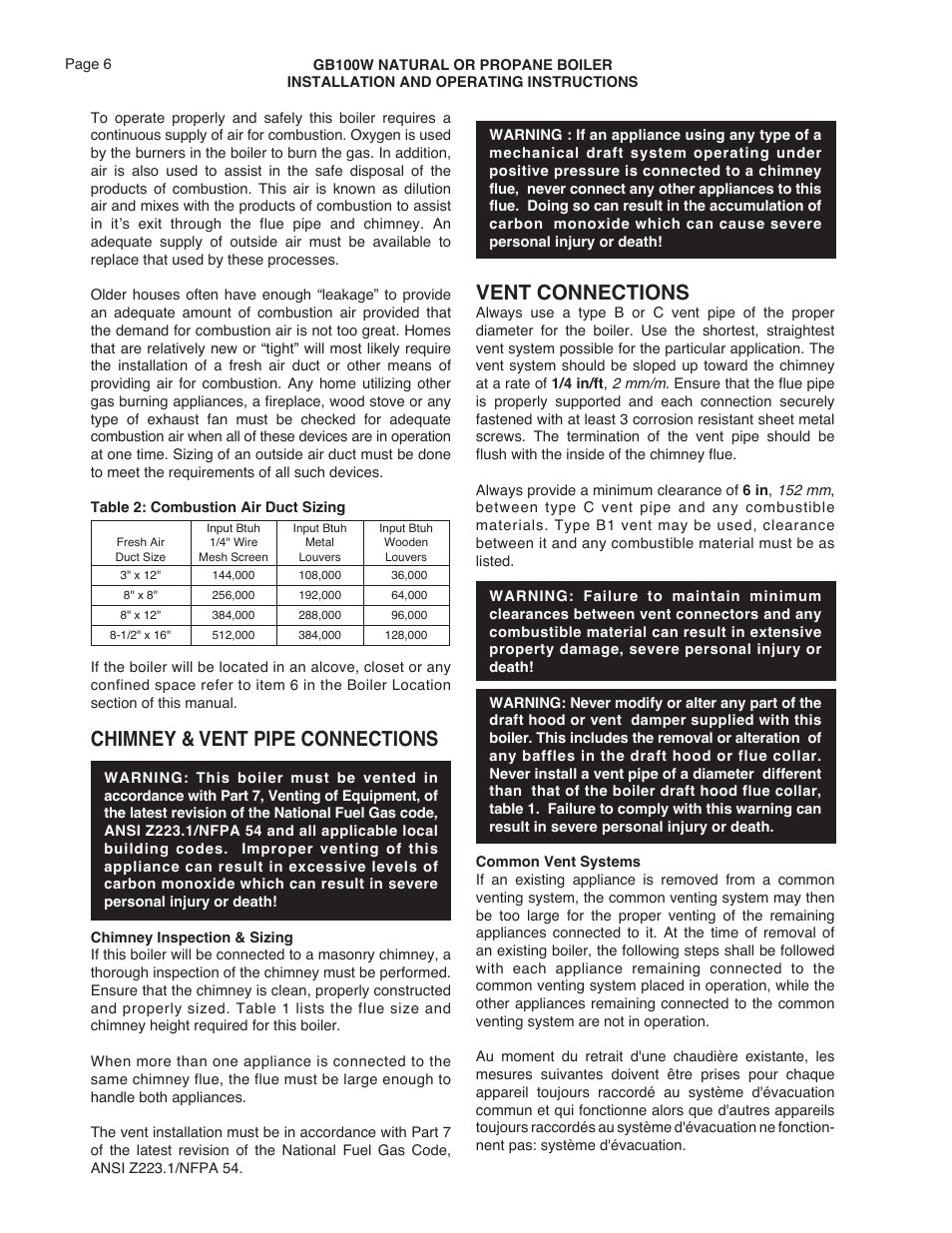 Chimney & vent pipe connections, Vent connections | Smith Cast Iron Boilers GB100W User Manual | Page 6 / 32