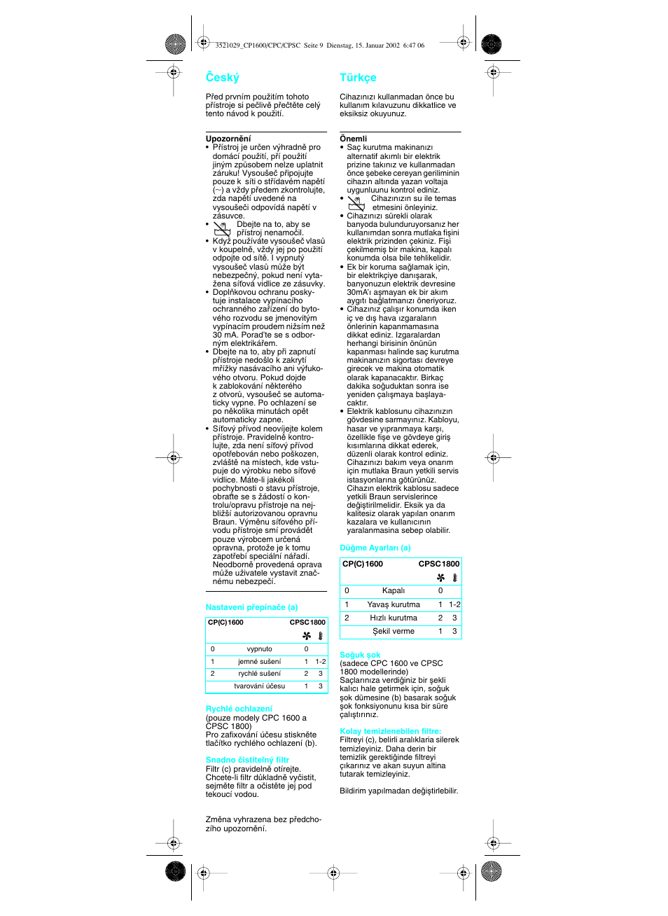 Cesky, Türkçe, Âesk˘ türkçe | Braun CP 1600 MN ORHID User Manual | Page 10 / 22