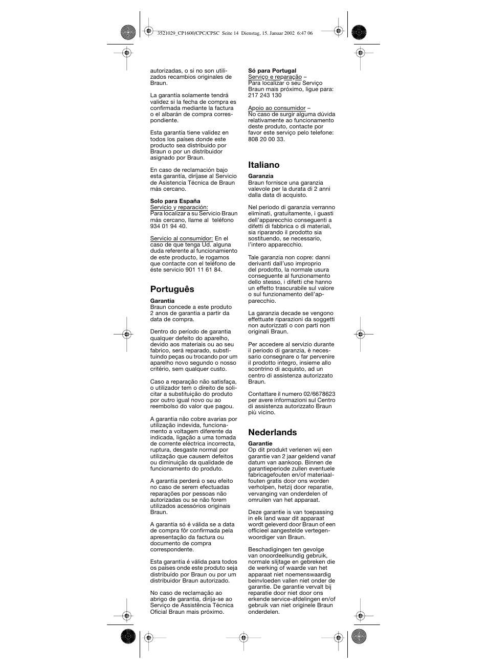 Português, Italiano, Nederlands | Braun CP 1600 MN ORHID User Manual | Page 15 / 22