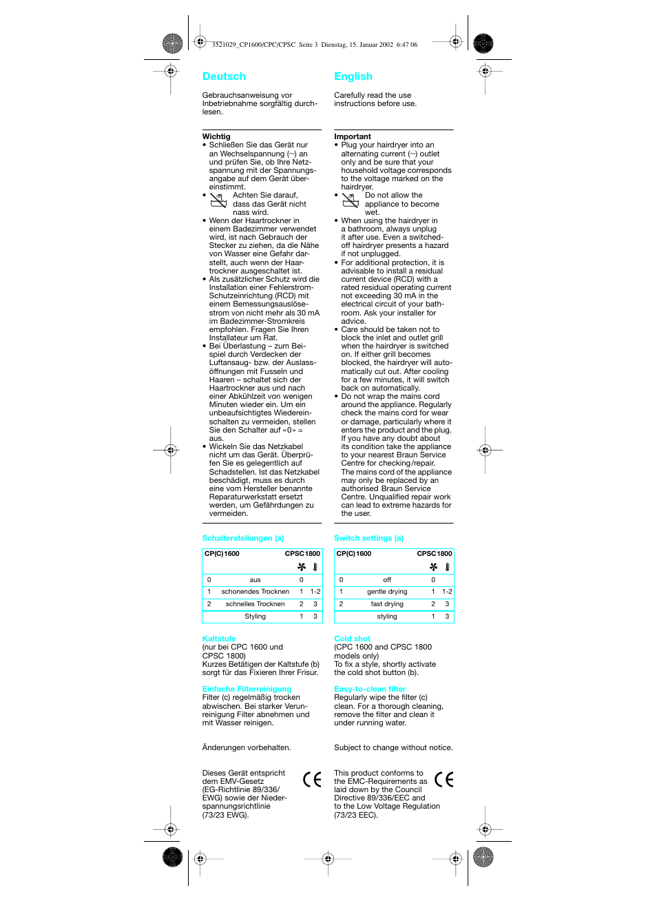 Deutsch, English, Deutsch english | Braun CP 1600 MN ORHID User Manual | Page 4 / 22