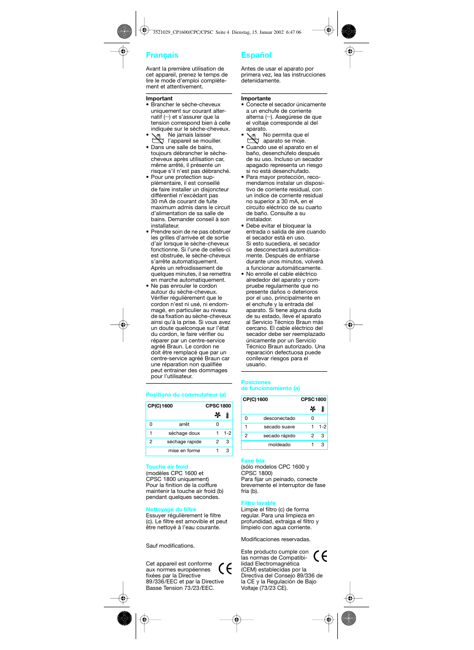 Français, Español, Français español | Braun CP 1600 MN ORHID User Manual | Page 5 / 22