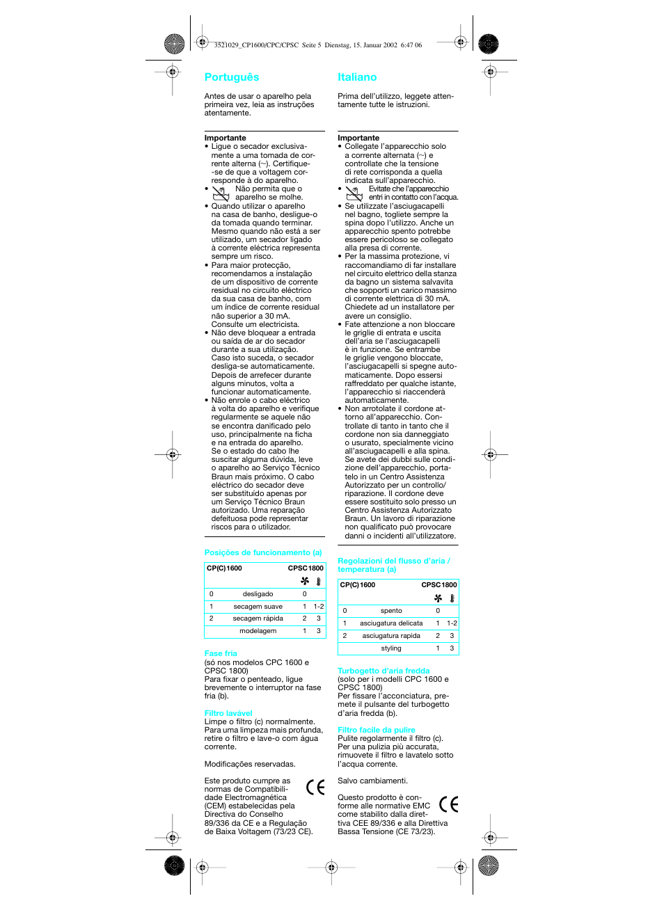 Português italiano | Braun CP 1600 MN ORHID User Manual | Page 6 / 22