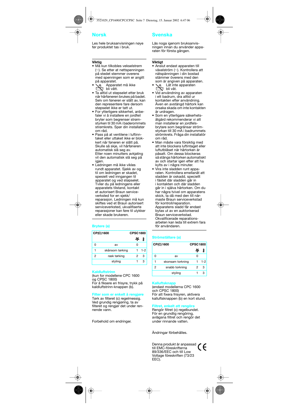 Norsk, Svenska, Norsk svenska | Braun CP 1600 MN ORHID User Manual | Page 8 / 22