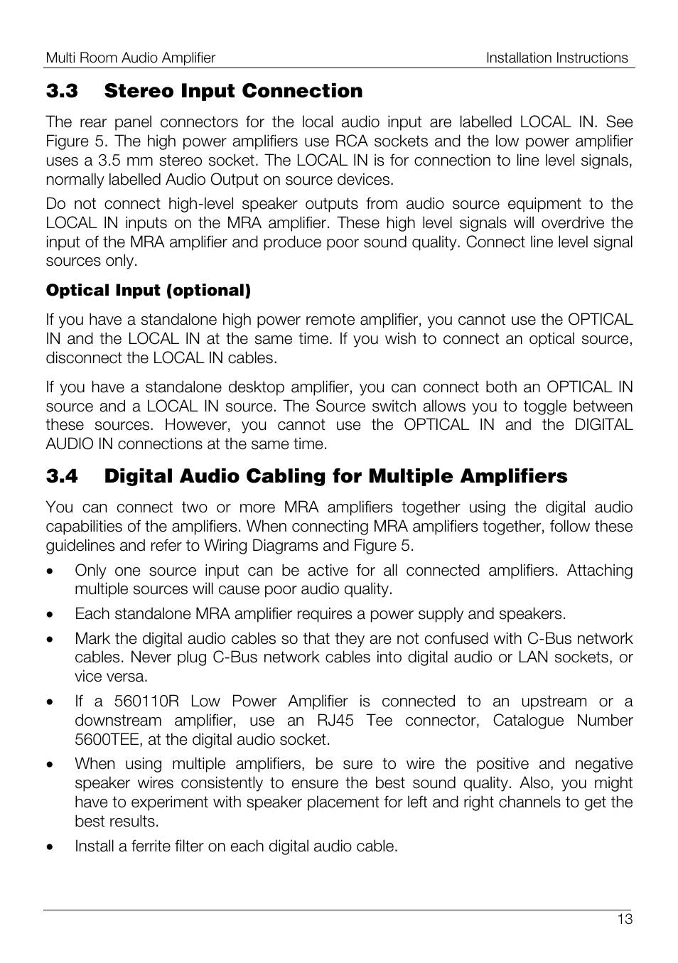 3 stereo input connection, 4 digital audio cabling for multiple amplifiers | Schneider Electric 560125D/2 User Manual | Page 13 / 20