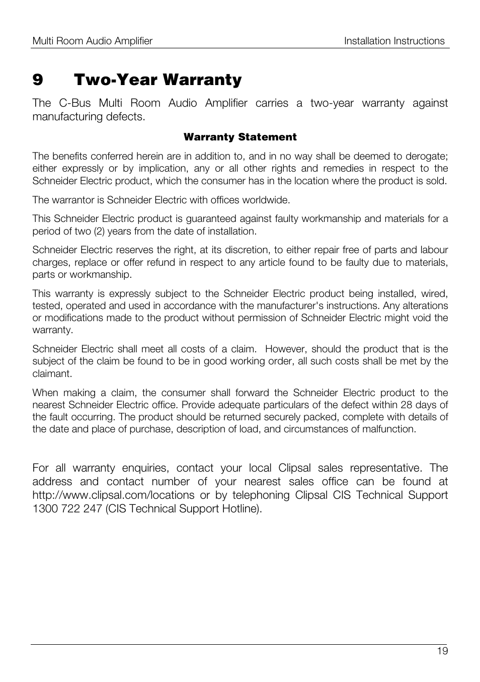 9 two-year warranty | Schneider Electric 560125D/2 User Manual | Page 19 / 20