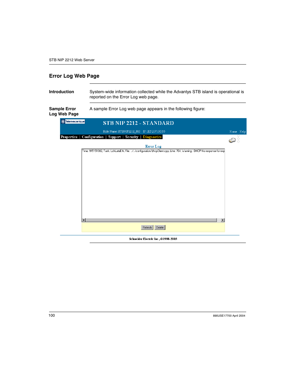 Error log web page | Schneider Electric 890USE17700 User Manual | Page 100 / 194