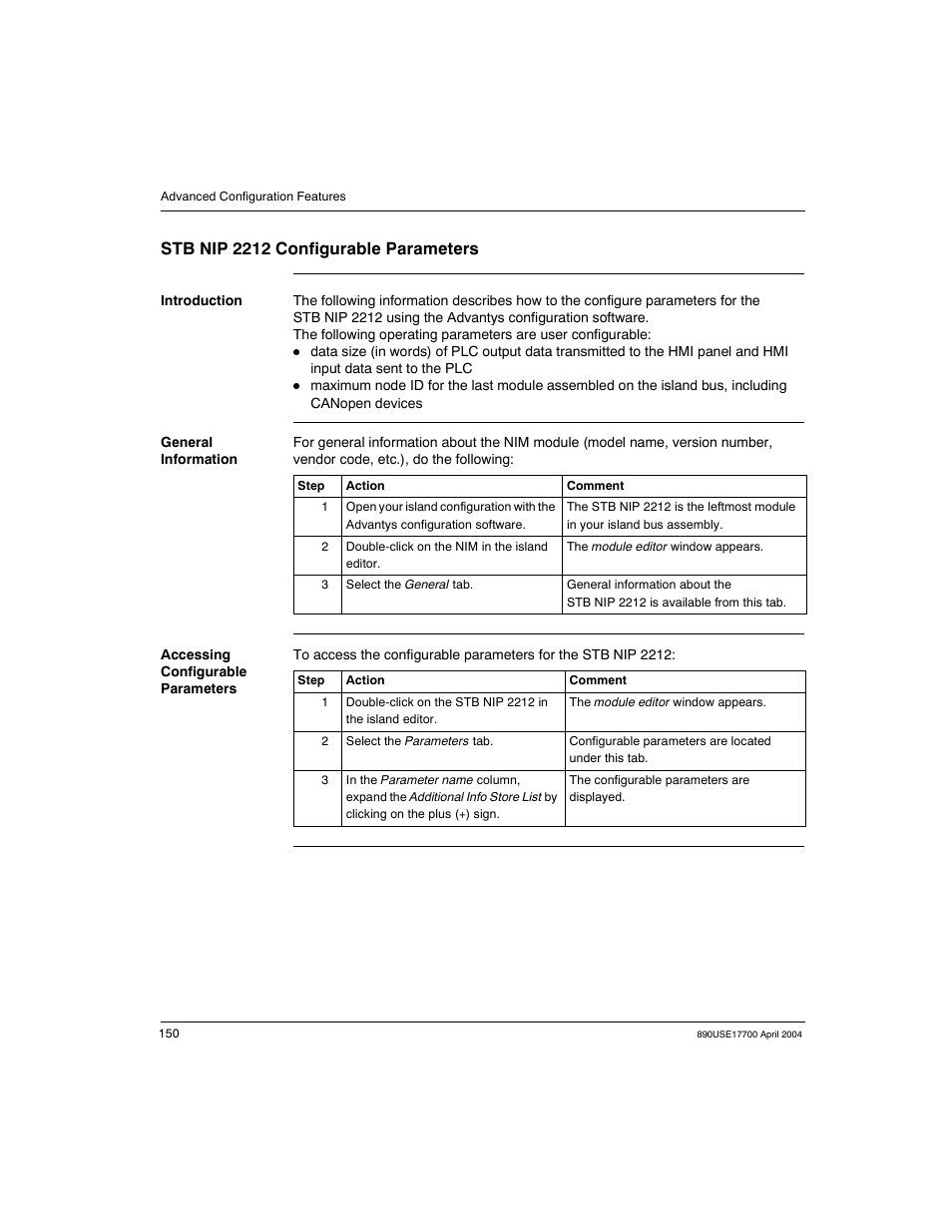 Stb nip 2212 configurable parameters | Schneider Electric 890USE17700 User Manual | Page 150 / 194