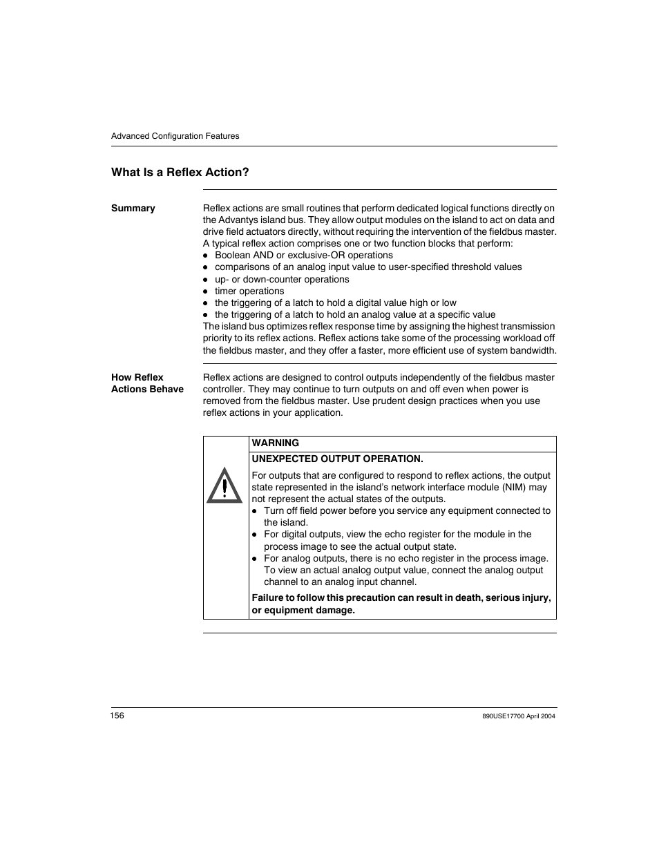 What is a reflex action | Schneider Electric 890USE17700 User Manual | Page 156 / 194