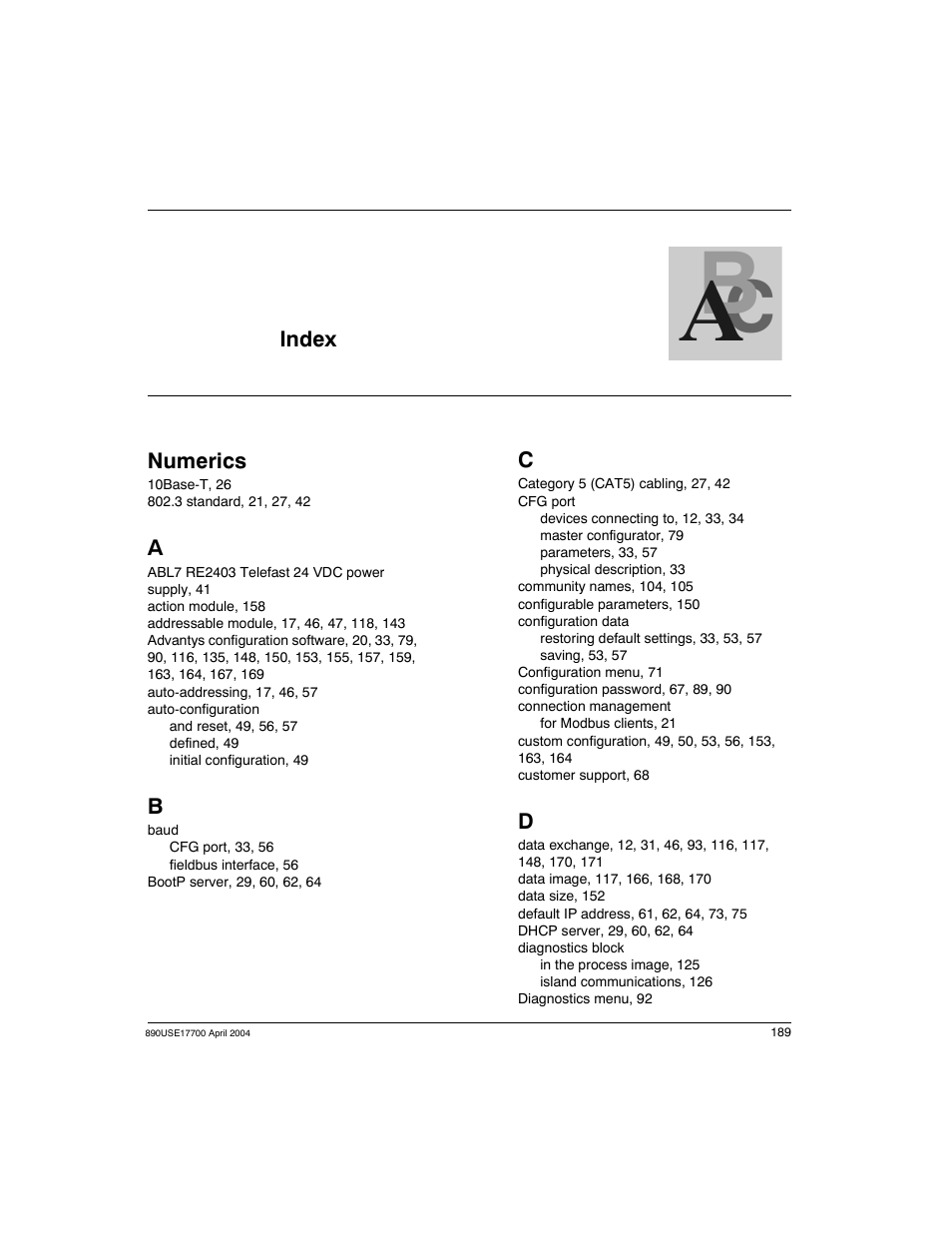 Index | Schneider Electric 890USE17700 User Manual | Page 189 / 194