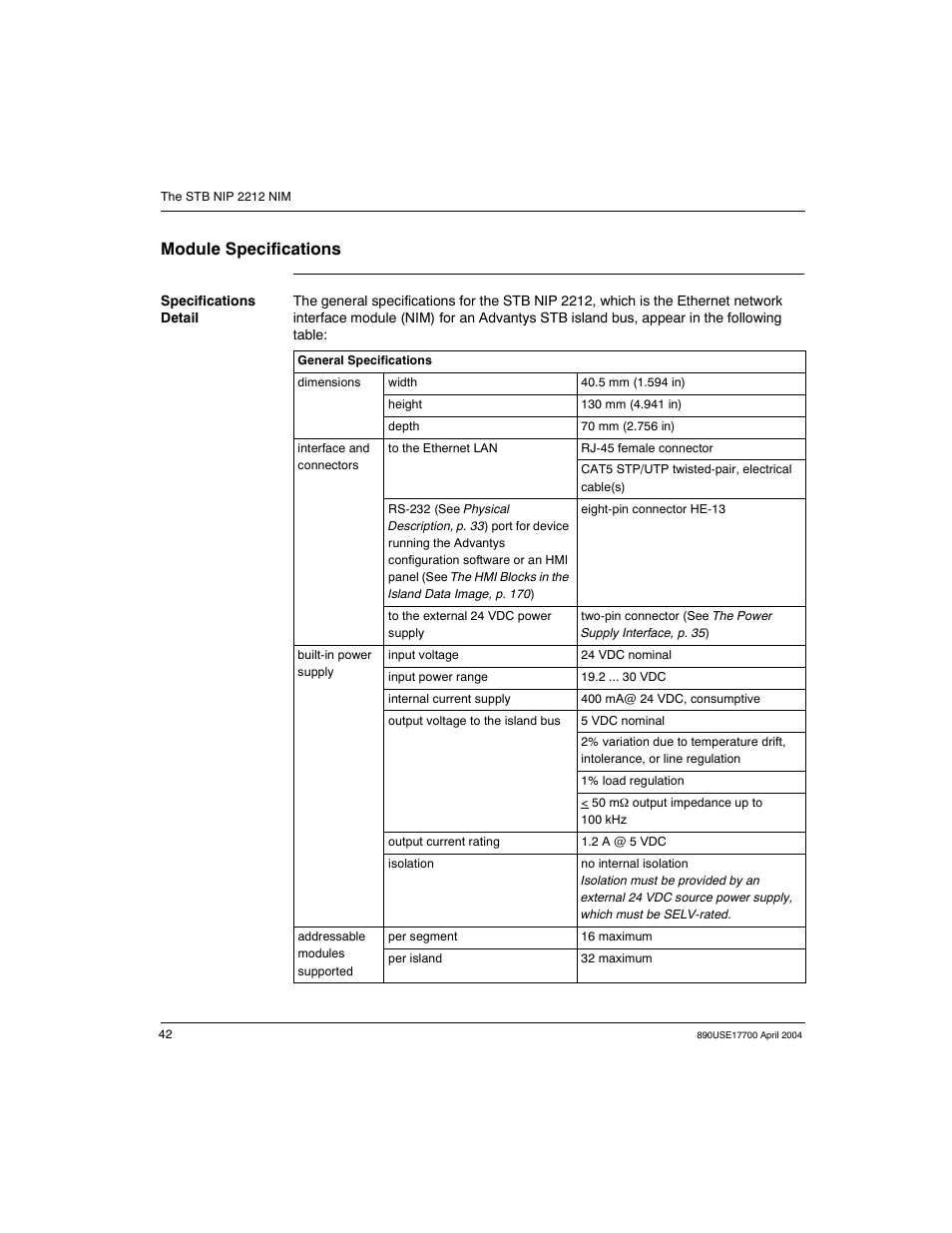 Module specifications | Schneider Electric 890USE17700 User Manual | Page 42 / 194