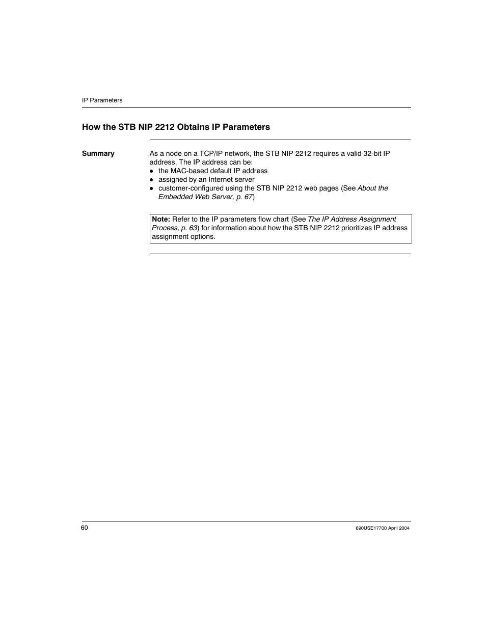 How the stb nip 2212 obtains ip parameters | Schneider Electric 890USE17700 User Manual | Page 60 / 194