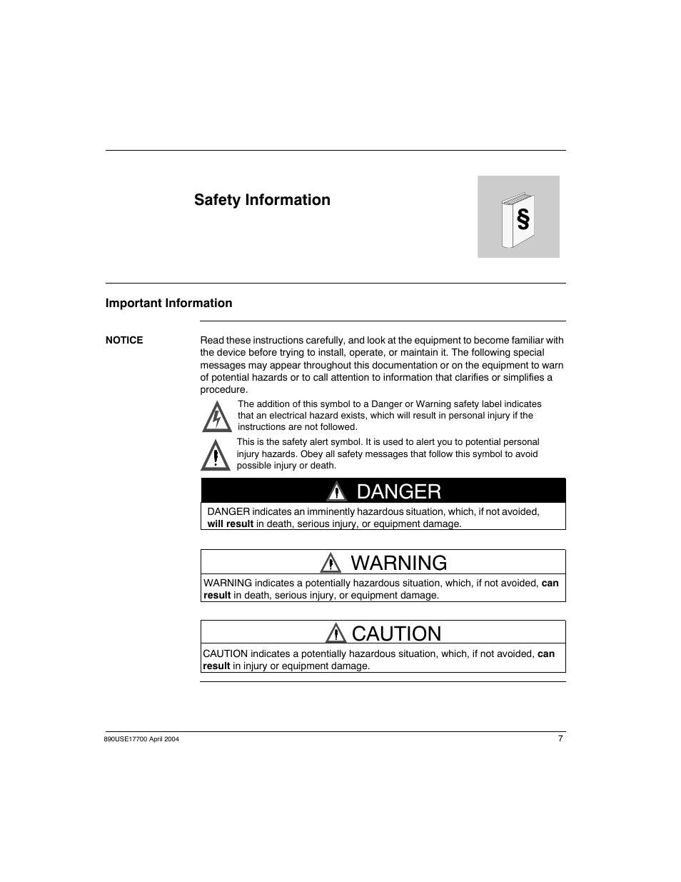 Safety information, Danger warning, Caution | Schneider Electric 890USE17700 User Manual | Page 7 / 194