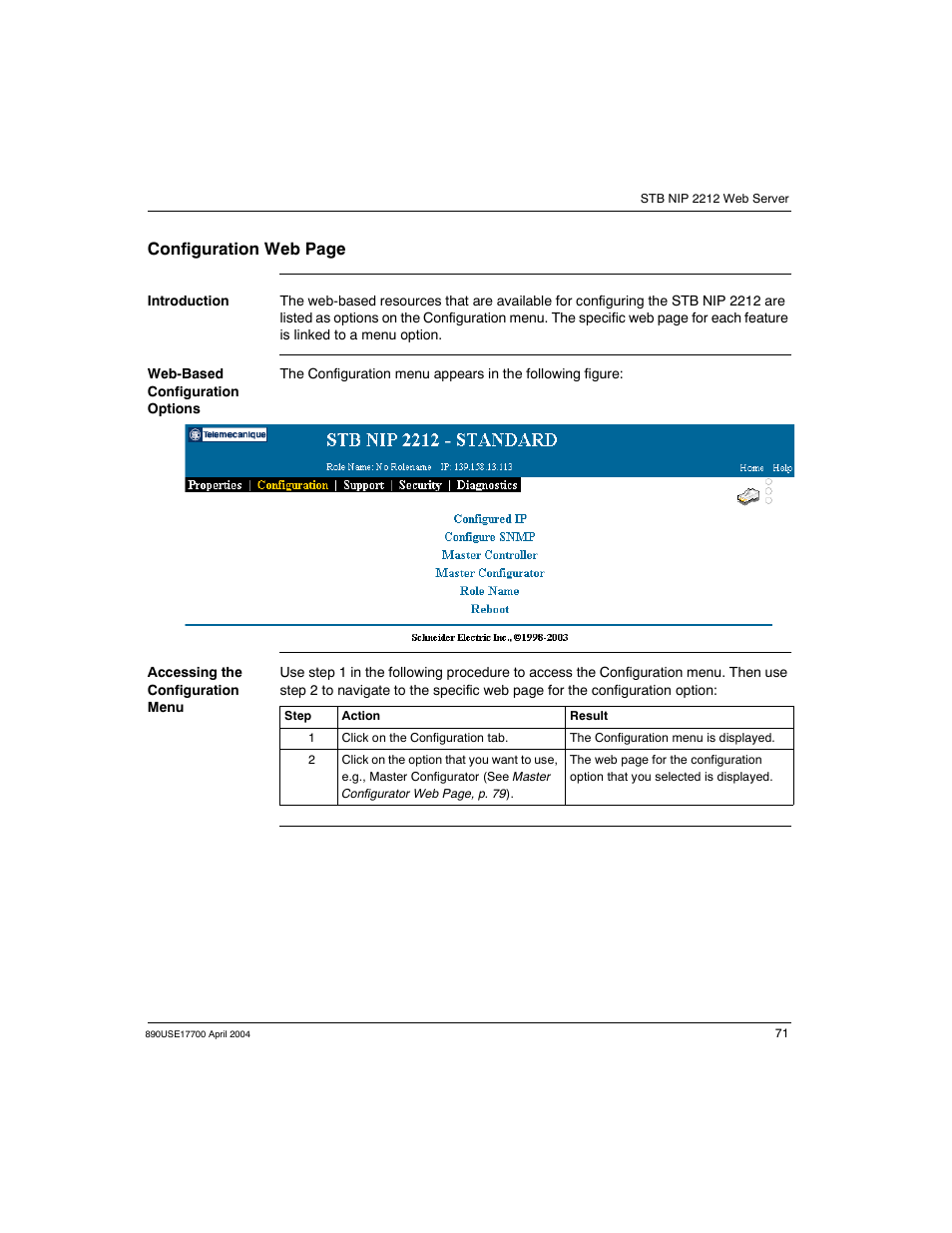 Configuration web page | Schneider Electric 890USE17700 User Manual | Page 71 / 194