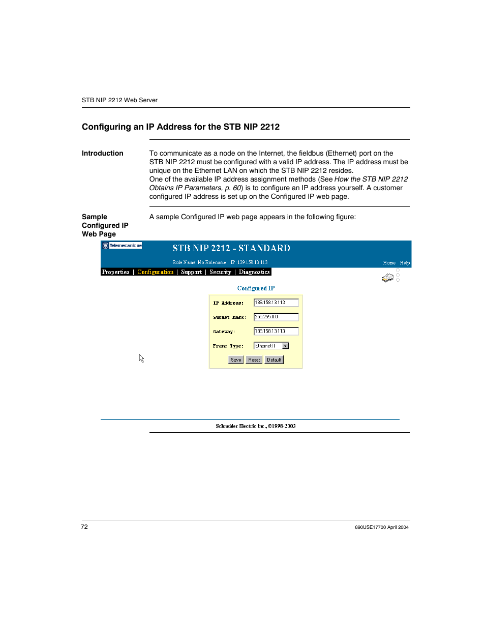 Configuring an ip address for the stb nip 2212 | Schneider Electric 890USE17700 User Manual | Page 72 / 194