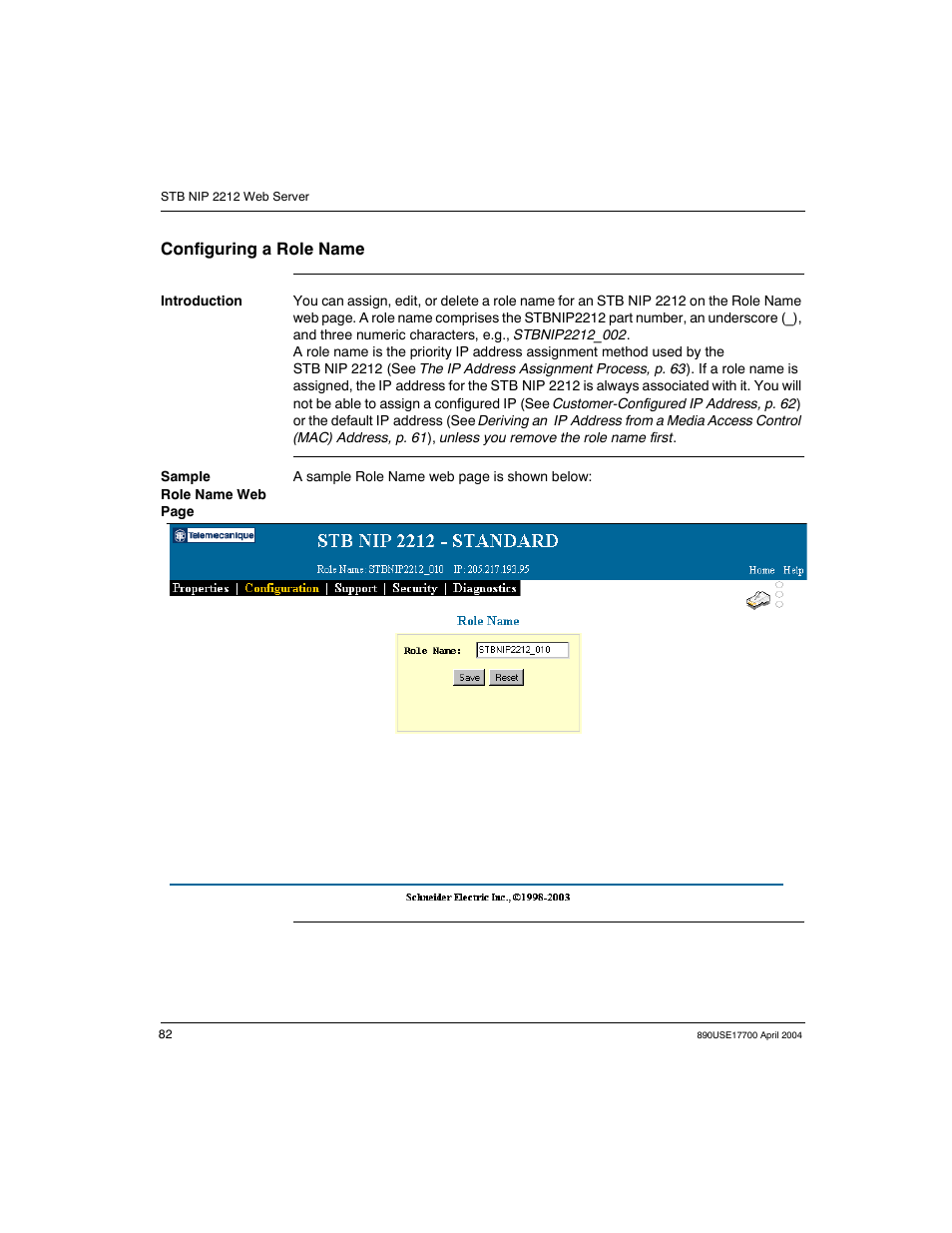 Configuring a role name | Schneider Electric 890USE17700 User Manual | Page 82 / 194