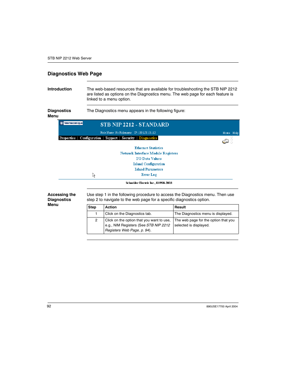 Diagnostics web page | Schneider Electric 890USE17700 User Manual | Page 92 / 194