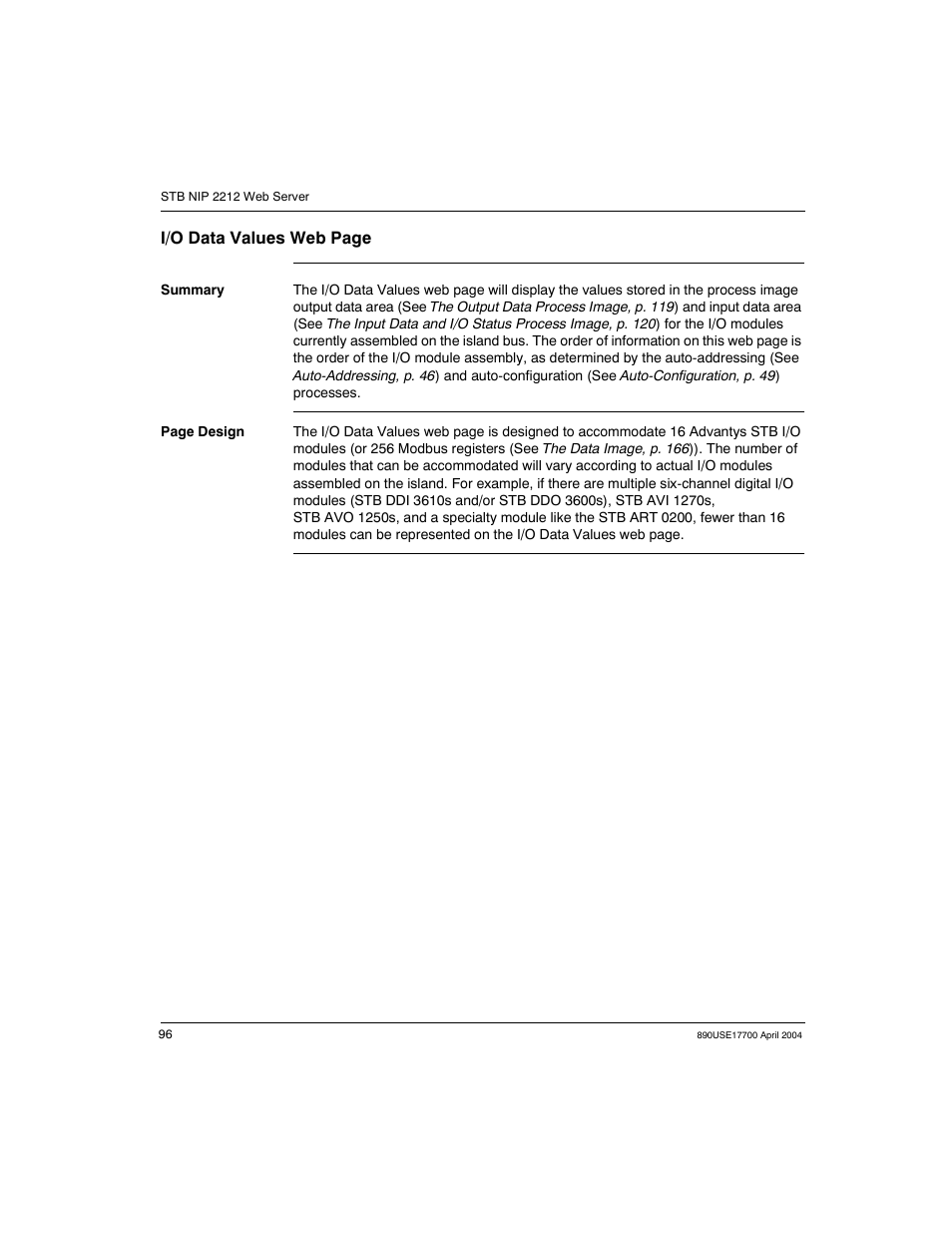 I/o data values web page | Schneider Electric 890USE17700 User Manual | Page 96 / 194