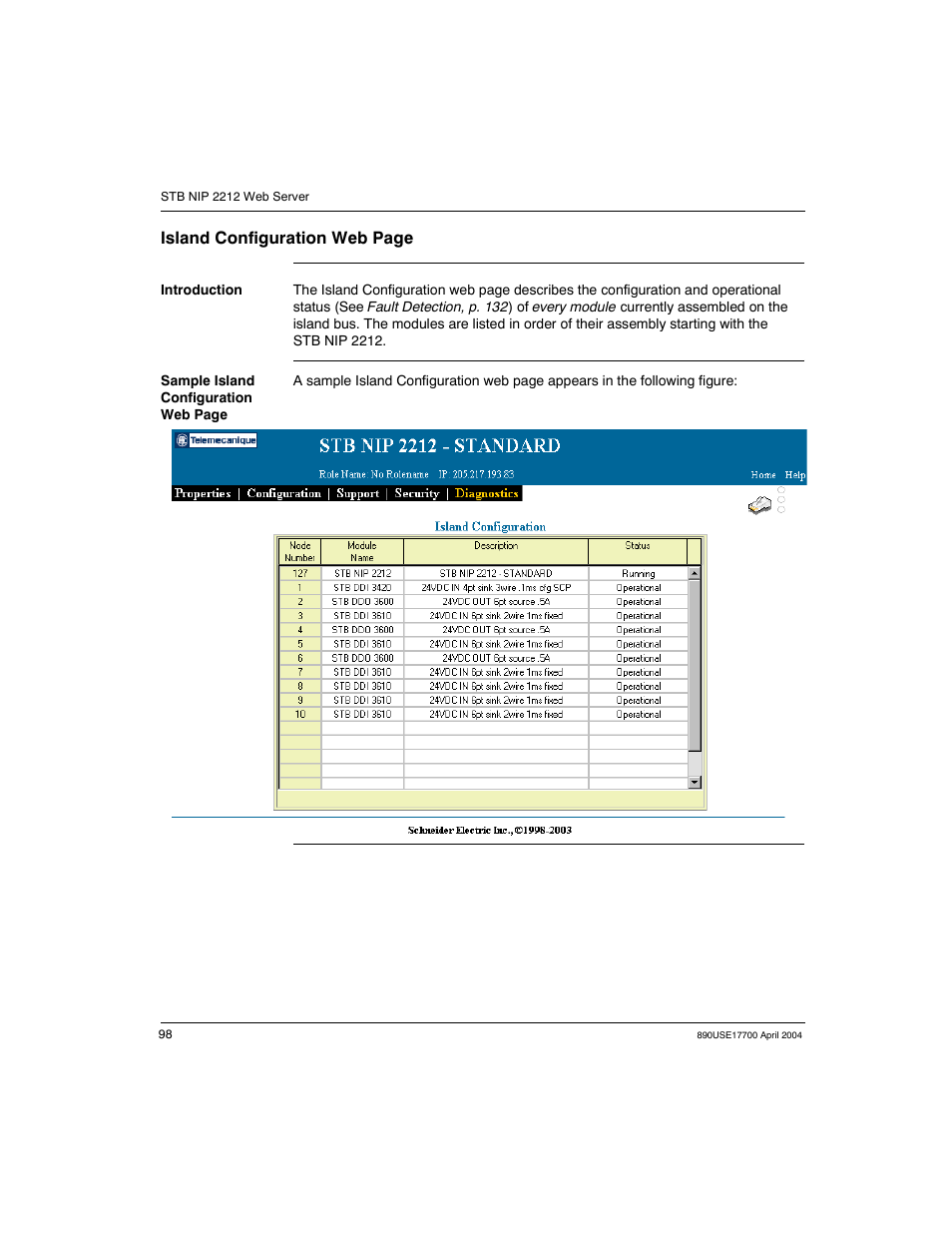 Island configuration web page | Schneider Electric 890USE17700 User Manual | Page 98 / 194