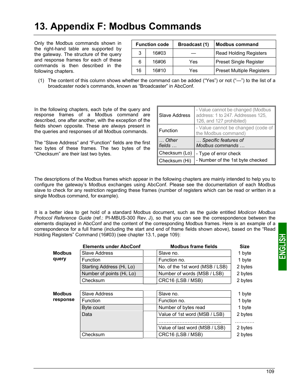 Read holding registers” command \(16#03\), Preset single register” command \(16#06\), Appendix f: modbus commands | Schneider Electric Gateway LUFP7 User Manual | Page 108 / 115