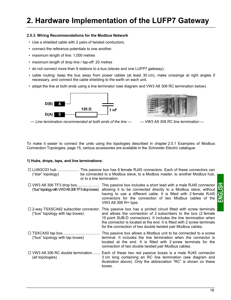 Wiring recommendations for the modbus network, Hardware implementation of the lufp7 gateway | Schneider Electric Gateway LUFP7 User Manual | Page 18 / 115