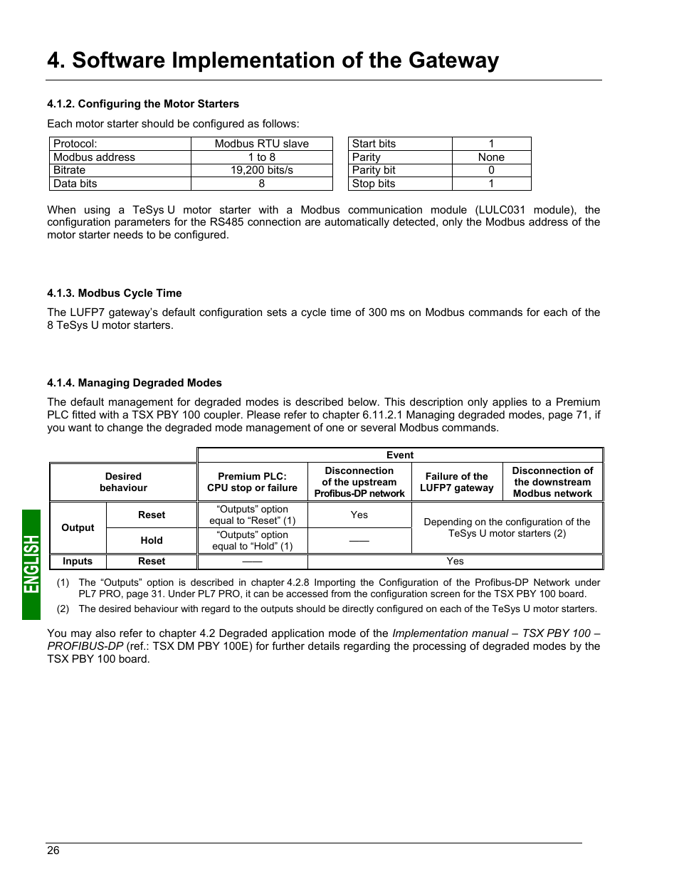Configuring the motor starters, Modbus cycle time, Managing degraded modes | Software implementation of the gateway | Schneider Electric Gateway LUFP7 User Manual | Page 25 / 115