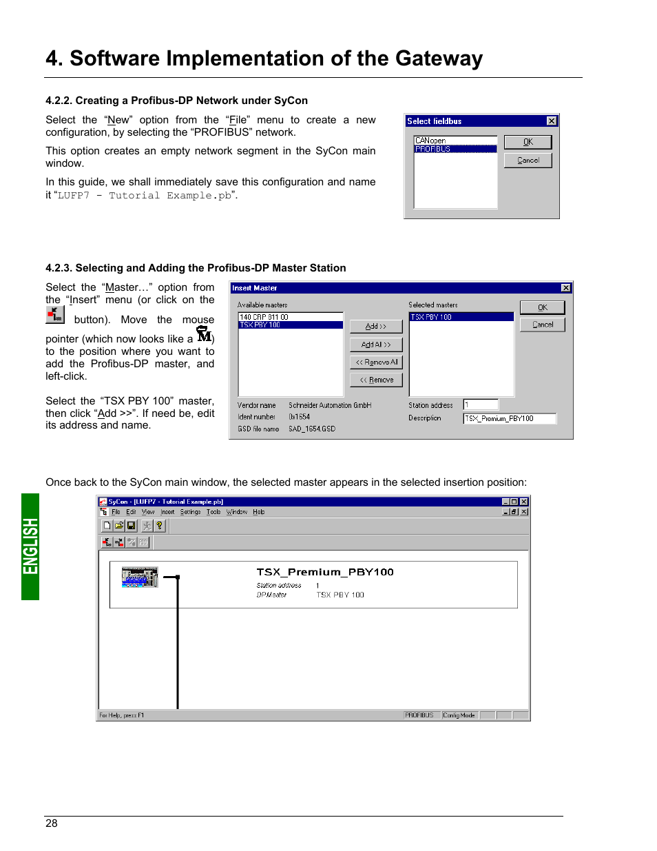 Creating a profibus-dp network under sycon, Software implementation of the gateway | Schneider Electric Gateway LUFP7 User Manual | Page 27 / 115