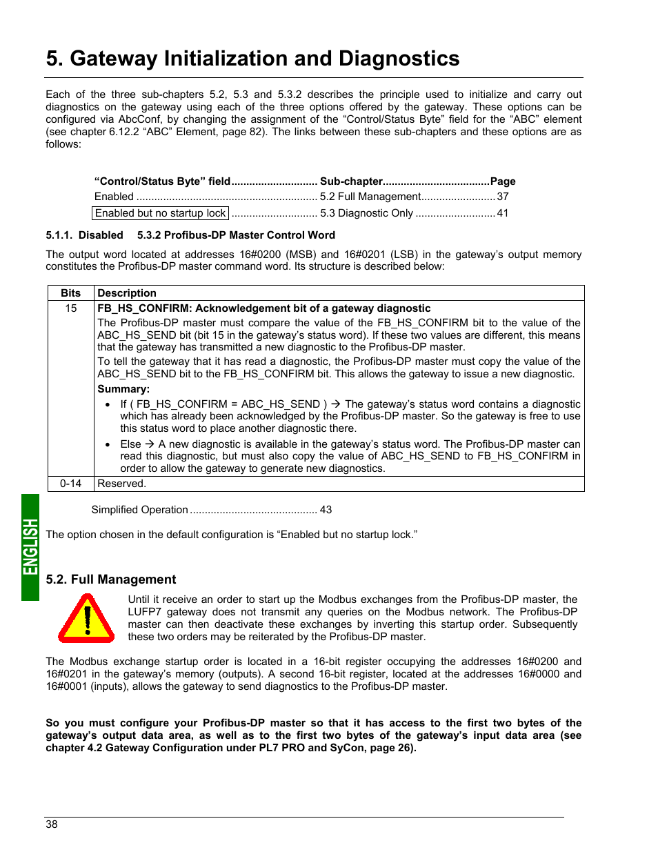 Gateway initialization and diagnostics, Full management, Profibus-dp master control word | Using and monitoring the tsx pby 100 coupler, Configuration, Developing a profibus-dp application | Schneider Electric Gateway LUFP7 User Manual | Page 37 / 115