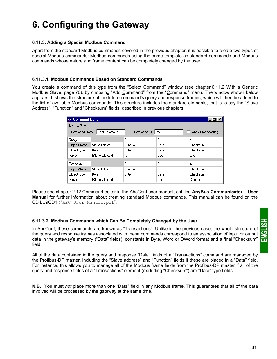 Fieldbus” element, Modbus commands which can be completely, Changed by the user | Configuring the gateway | Schneider Electric Gateway LUFP7 User Manual | Page 80 / 115