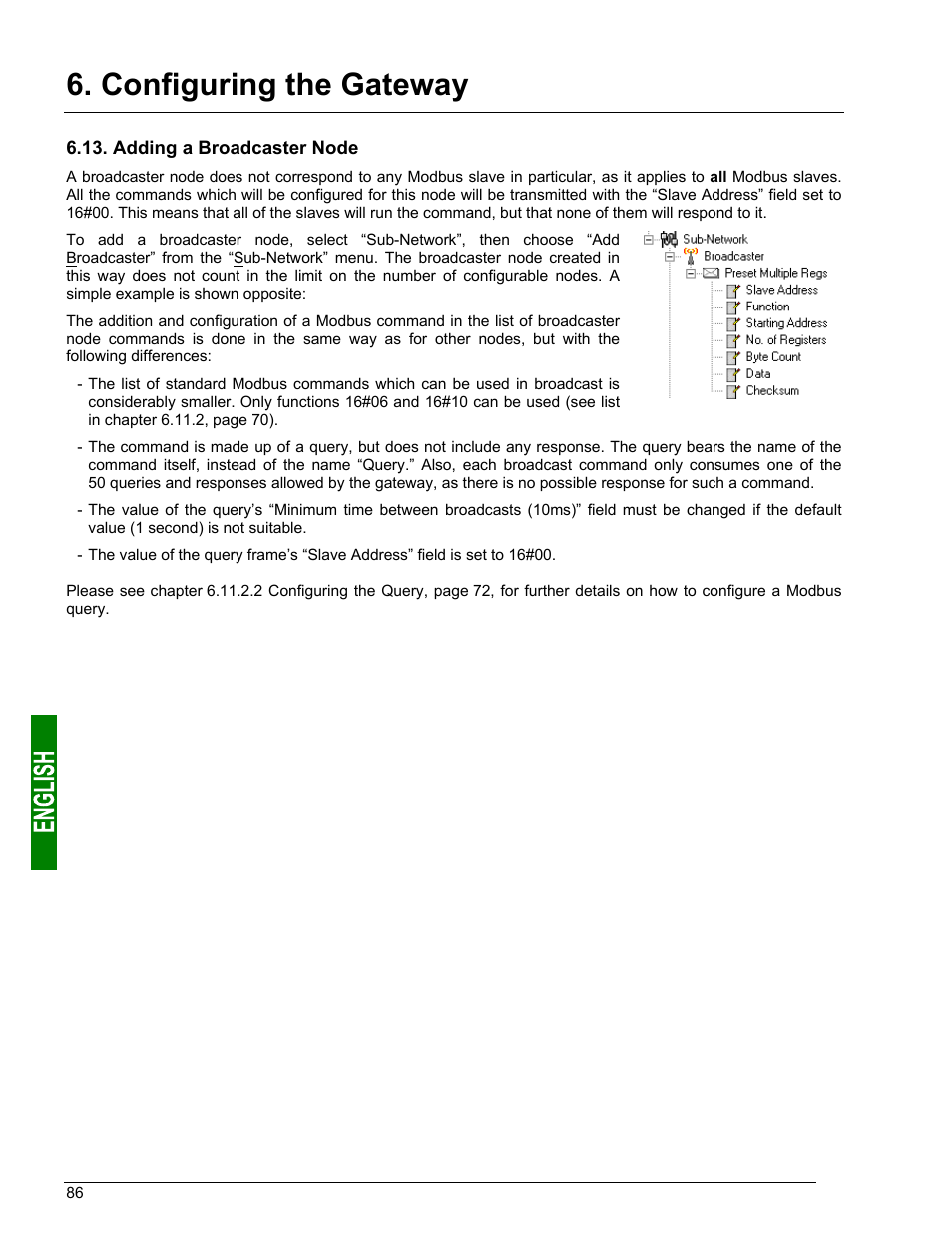 Appendix a: technical characteristics, Environment, Communication characteristics | “sub-network” element, Adding a broadcaster node, Configuring the gateway | Schneider Electric Gateway LUFP7 User Manual | Page 85 / 115