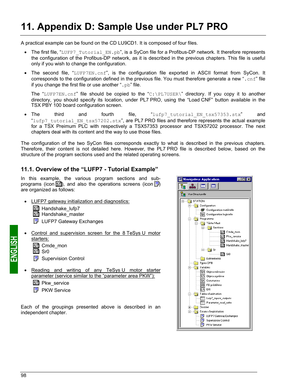 Lufp7 gateway initialization and diagnostics, Appendix d: sample use under pl7 pro | Schneider Electric Gateway LUFP7 User Manual | Page 97 / 115
