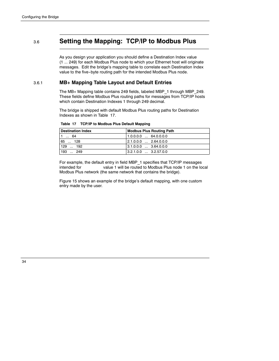 Setting the mapping: tcp/ip to modbus plus, Mb+ mapping table layout and default entries | Schneider Electric 174 CEV User Manual | Page 38 / 87