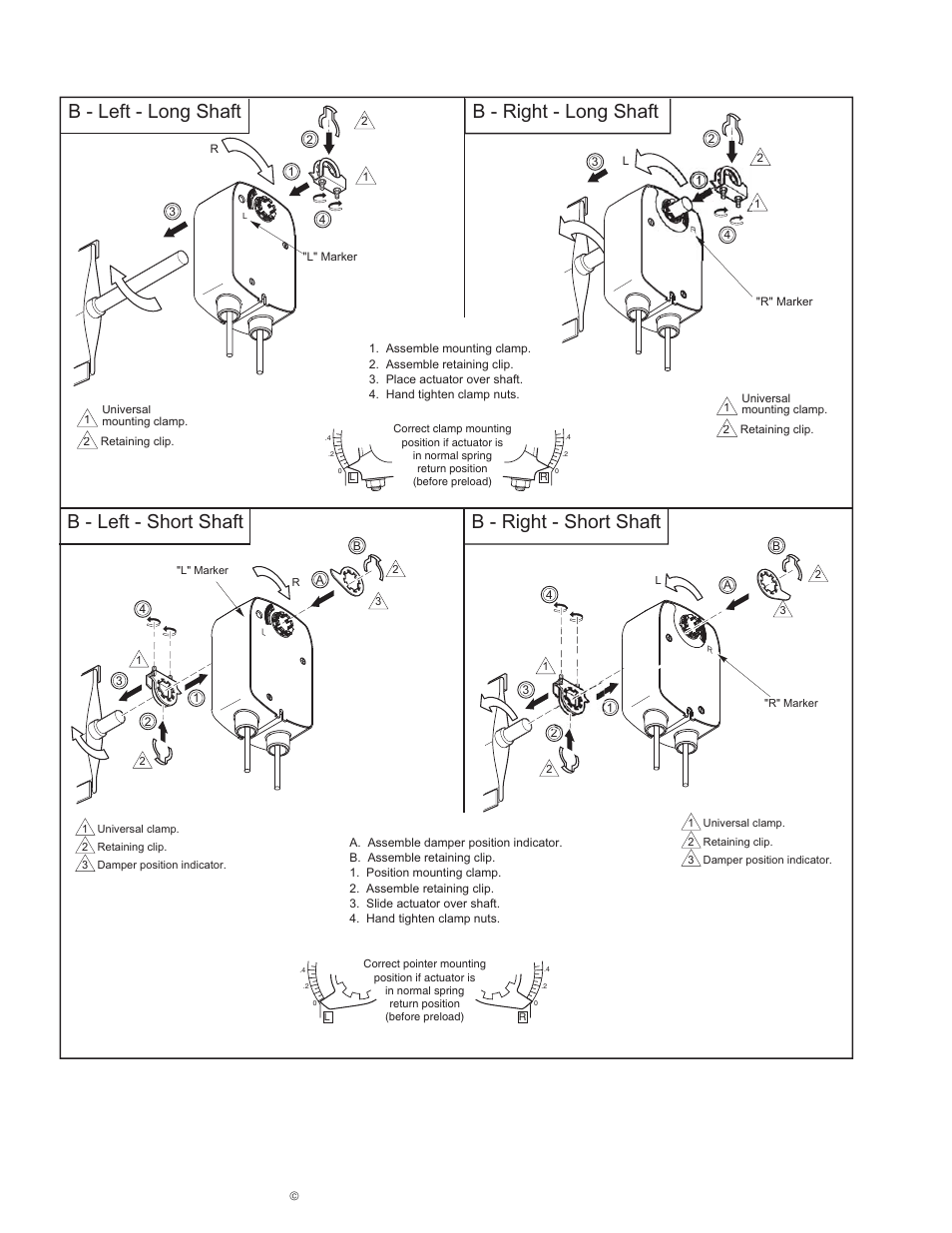 B - left - short shaft b - right - short shaft, B - left - long shaft b - right - long shaft | Schneider Electric DuraDrive Direct Coupled Actuators MA4X-707X User Manual | Page 10 / 24
