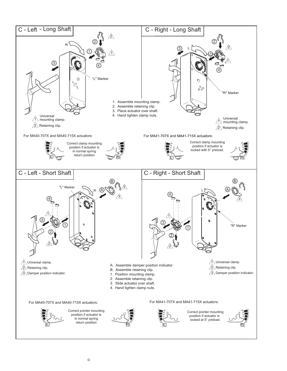 C - left c - right - long shaft, Long shaft, C - left - short shaft c - right - short shaft | Schneider Electric DuraDrive Direct Coupled Actuators MA4X-707X User Manual | Page 14 / 24