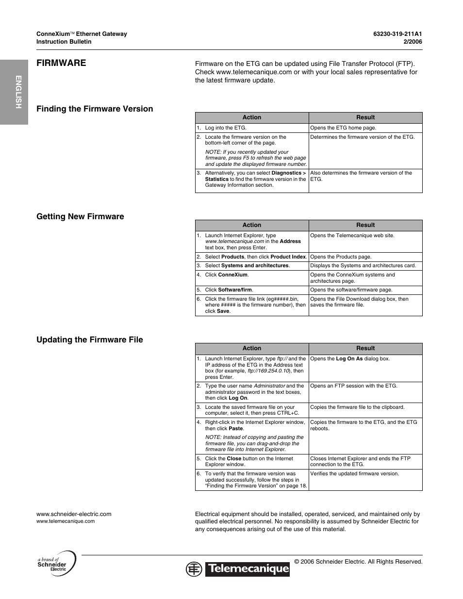 Firmware, Finding the firmware version, Getting new firmware | Updating the firmware file, English | Schneider Electric TSXETG100 User Manual | Page 18 / 19