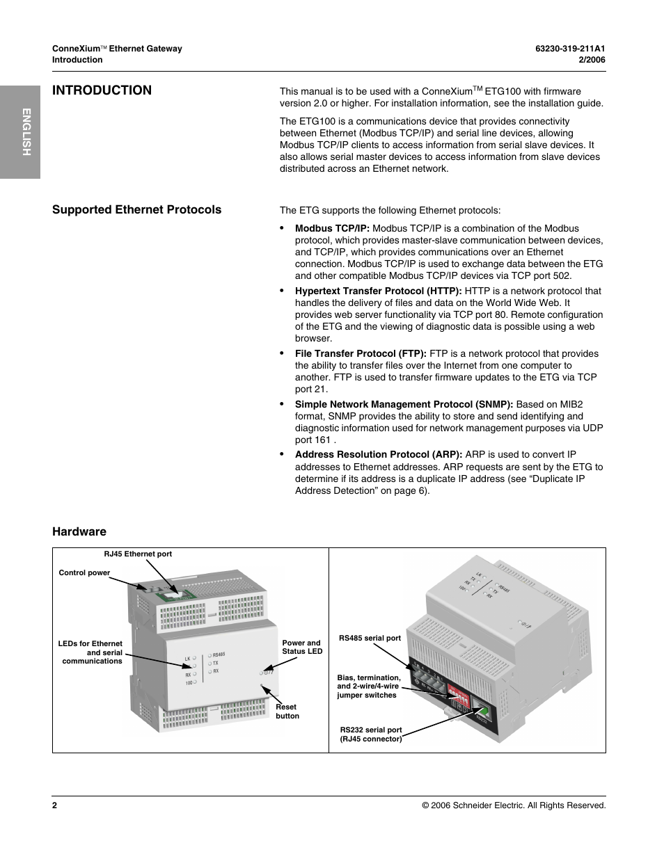 Introduction, Supported ethernet protocols, Hardware | Schneider Electric TSXETG100 User Manual | Page 2 / 19