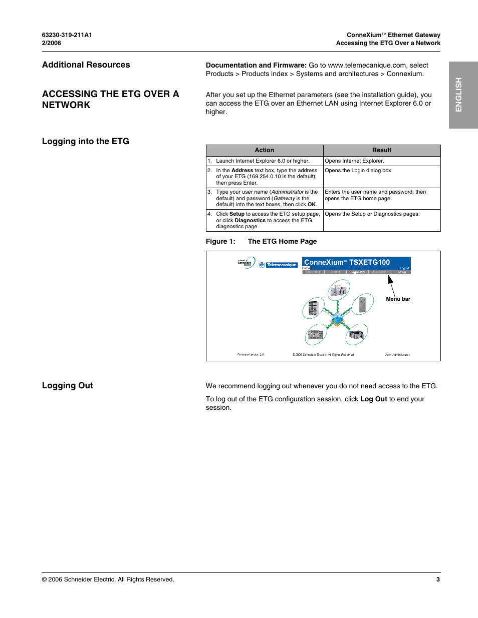 Additional resources, Accessing the etg over a network, Logging into the etg | Logging out, Logging into the etg logging out | Schneider Electric TSXETG100 User Manual | Page 3 / 19