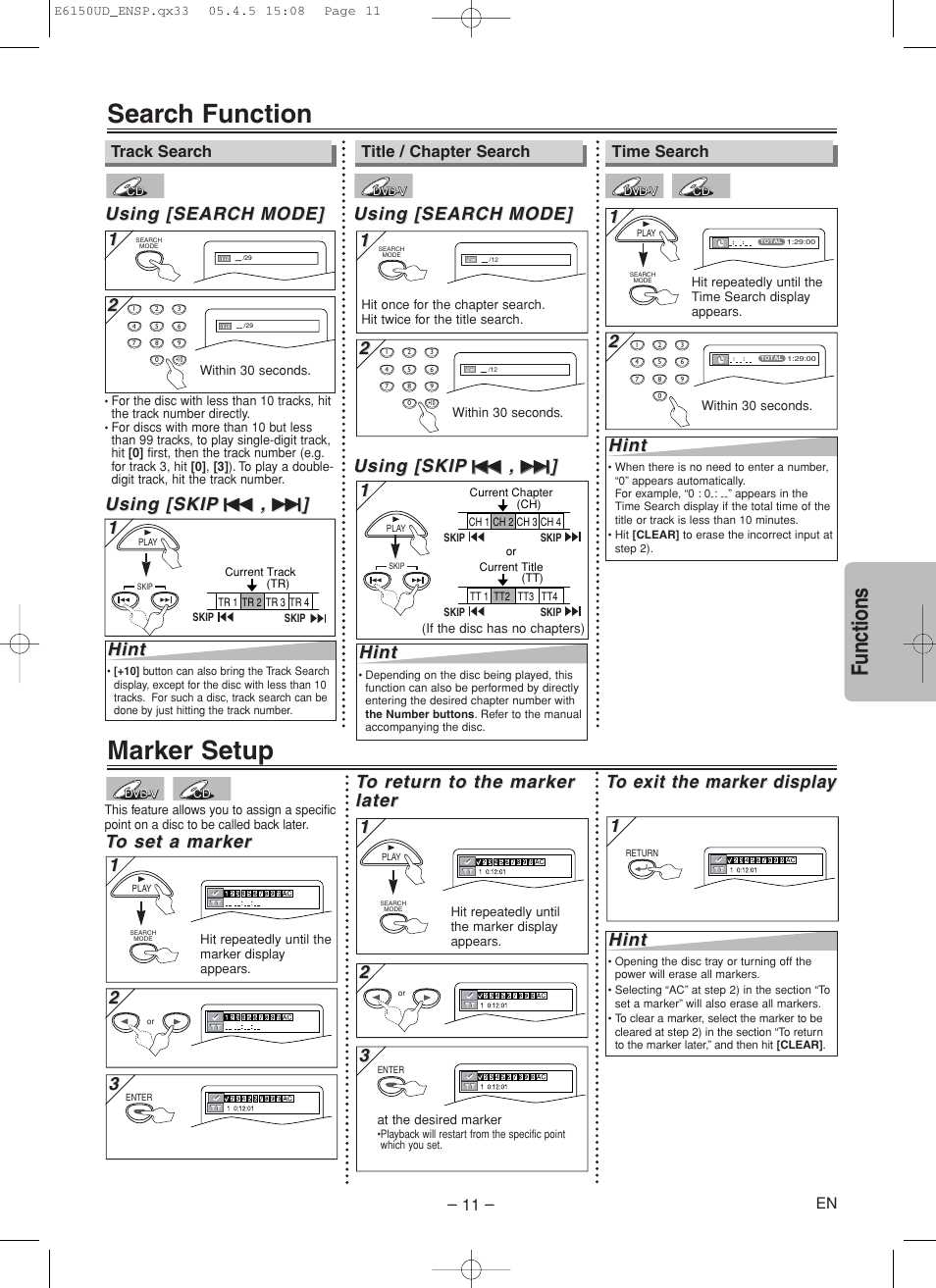 Search function, Marker setup, Functions | Using [search, Using [search mode] mode, Using [skip, Hint | Symphonic RSMSD125 User Manual | Page 11 / 20