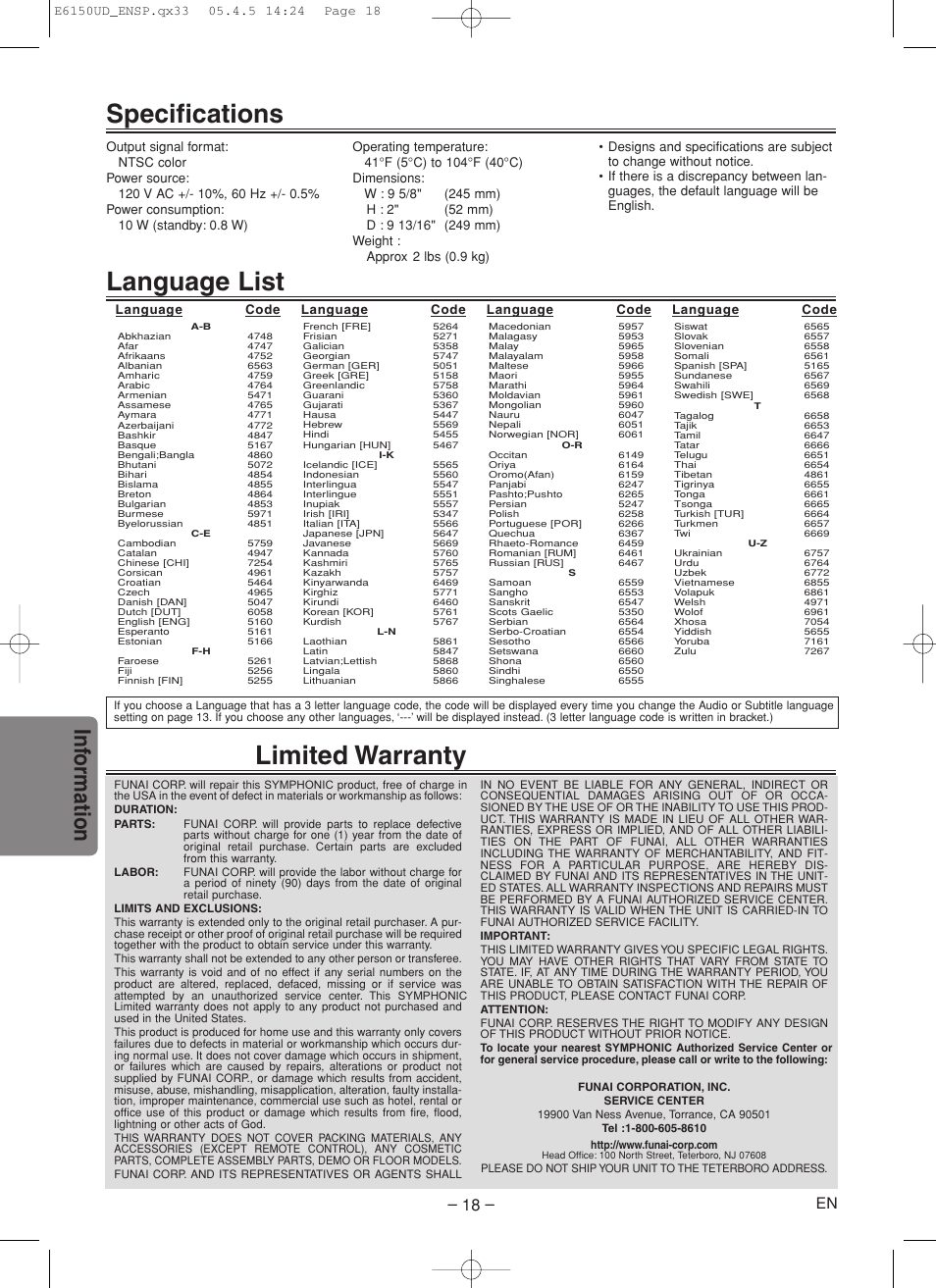 Language list, Specifications, Limited warranty | Inf ormation, Symphonic | Symphonic RSMSD125 User Manual | Page 18 / 20