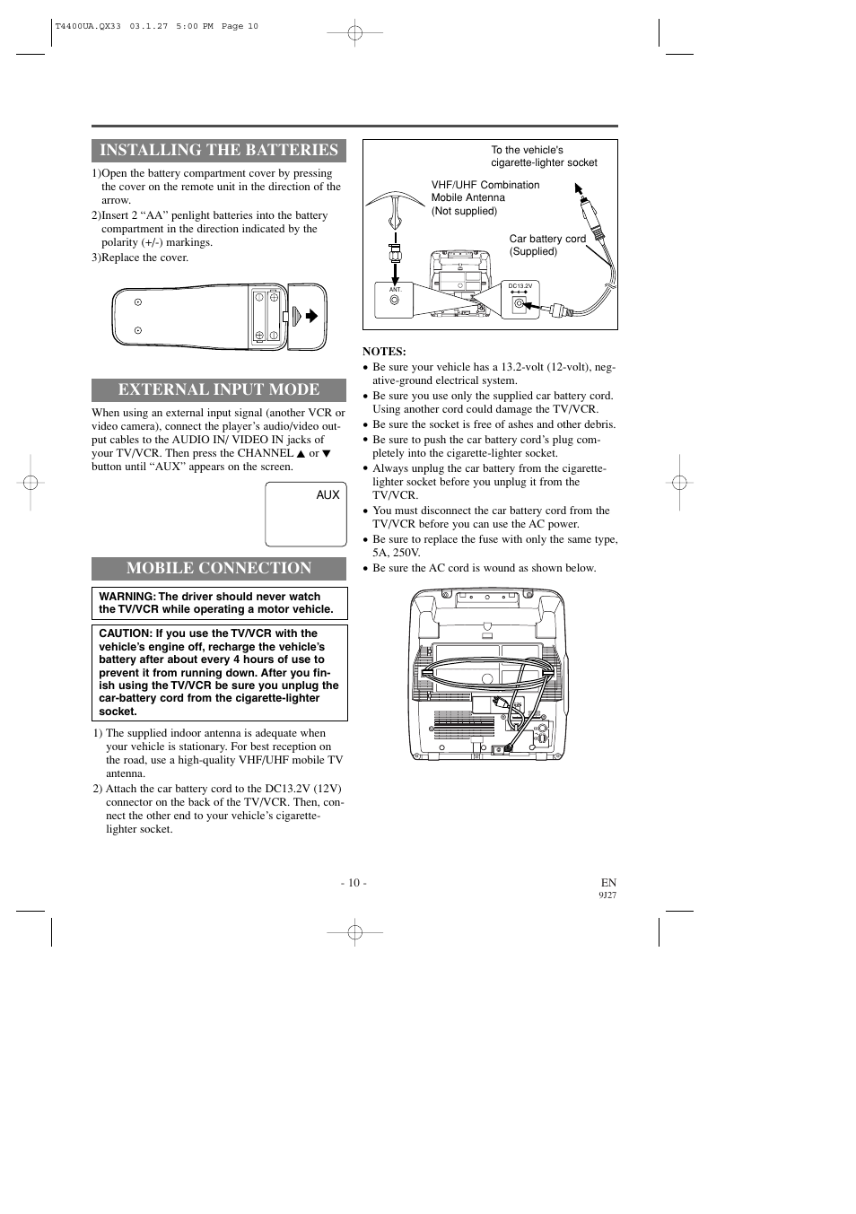 Installing the batteries, External input mode, Mobile connection | Symphonic SC309D User Manual | Page 10 / 32