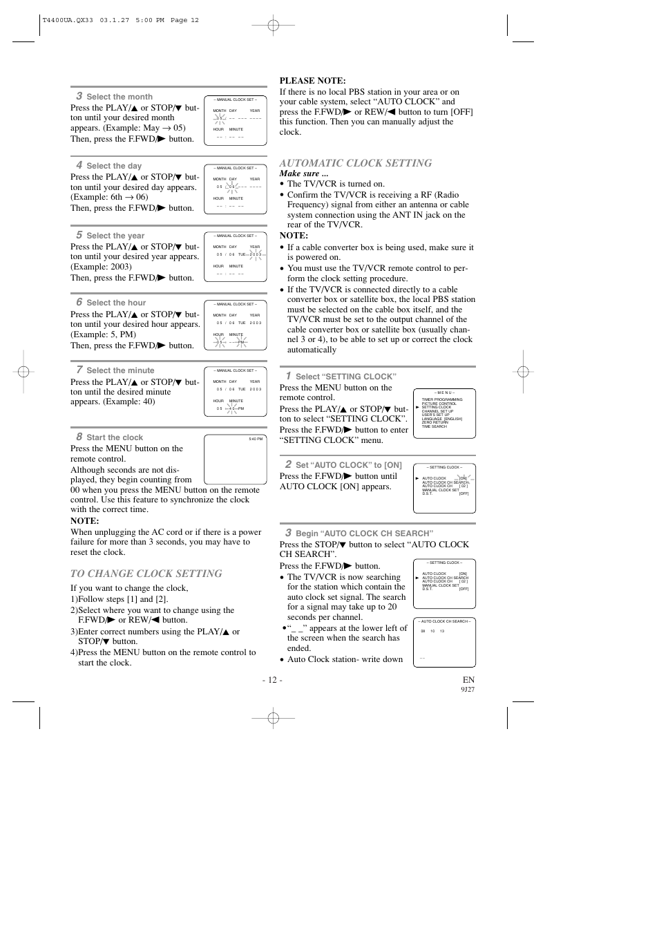 Automatic clock setting, 12 - en, Make sure | The tv/vcr is turned on, Auto clock station- write down | Symphonic SC309D User Manual | Page 12 / 32