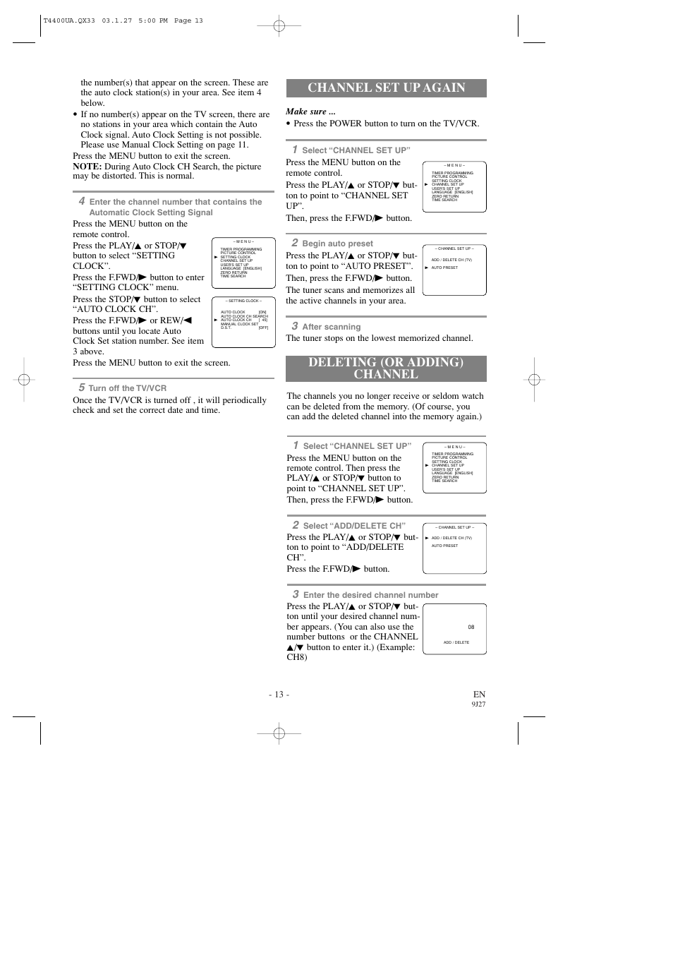 Channel set up again, Deleting (or adding) channel | Symphonic SC309D User Manual | Page 13 / 32