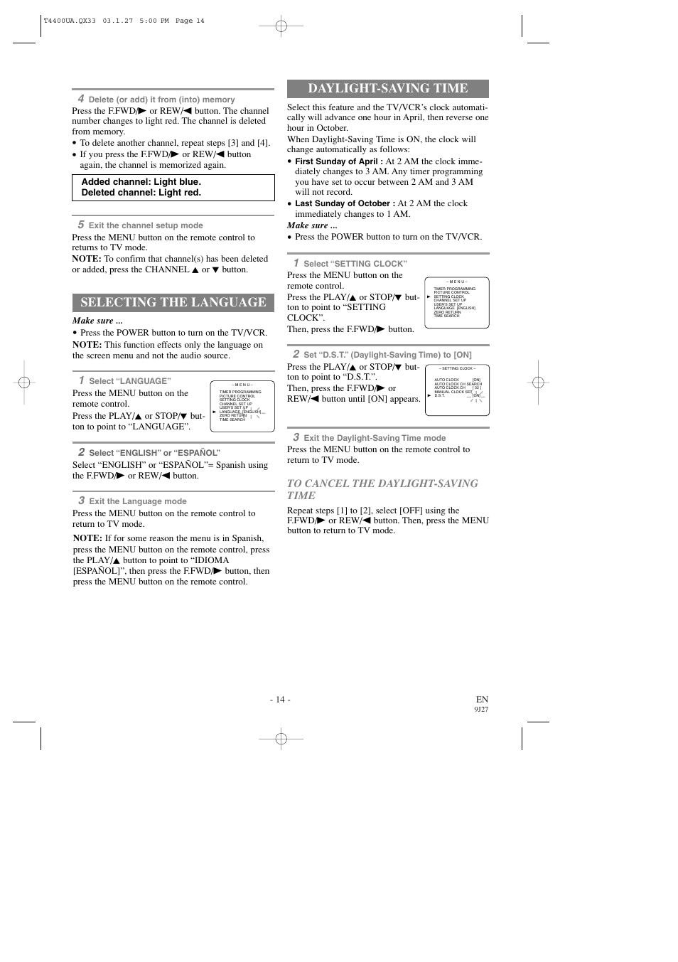 Selecting the language, Daylight-saving time | Symphonic SC309D User Manual | Page 14 / 32