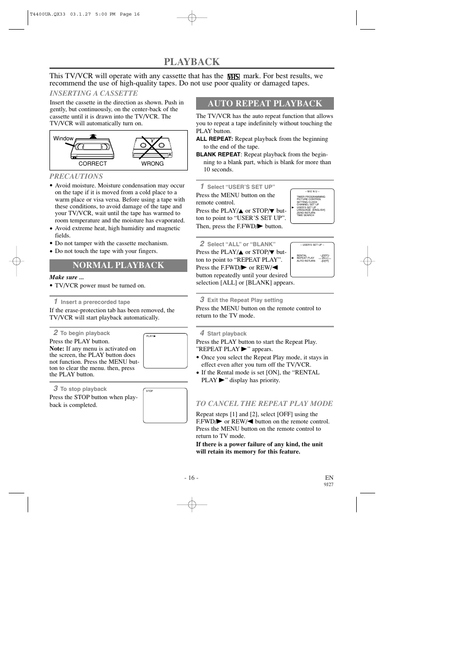 Playback, Normal playback, Auto repeat playback | Symphonic SC309D User Manual | Page 16 / 32