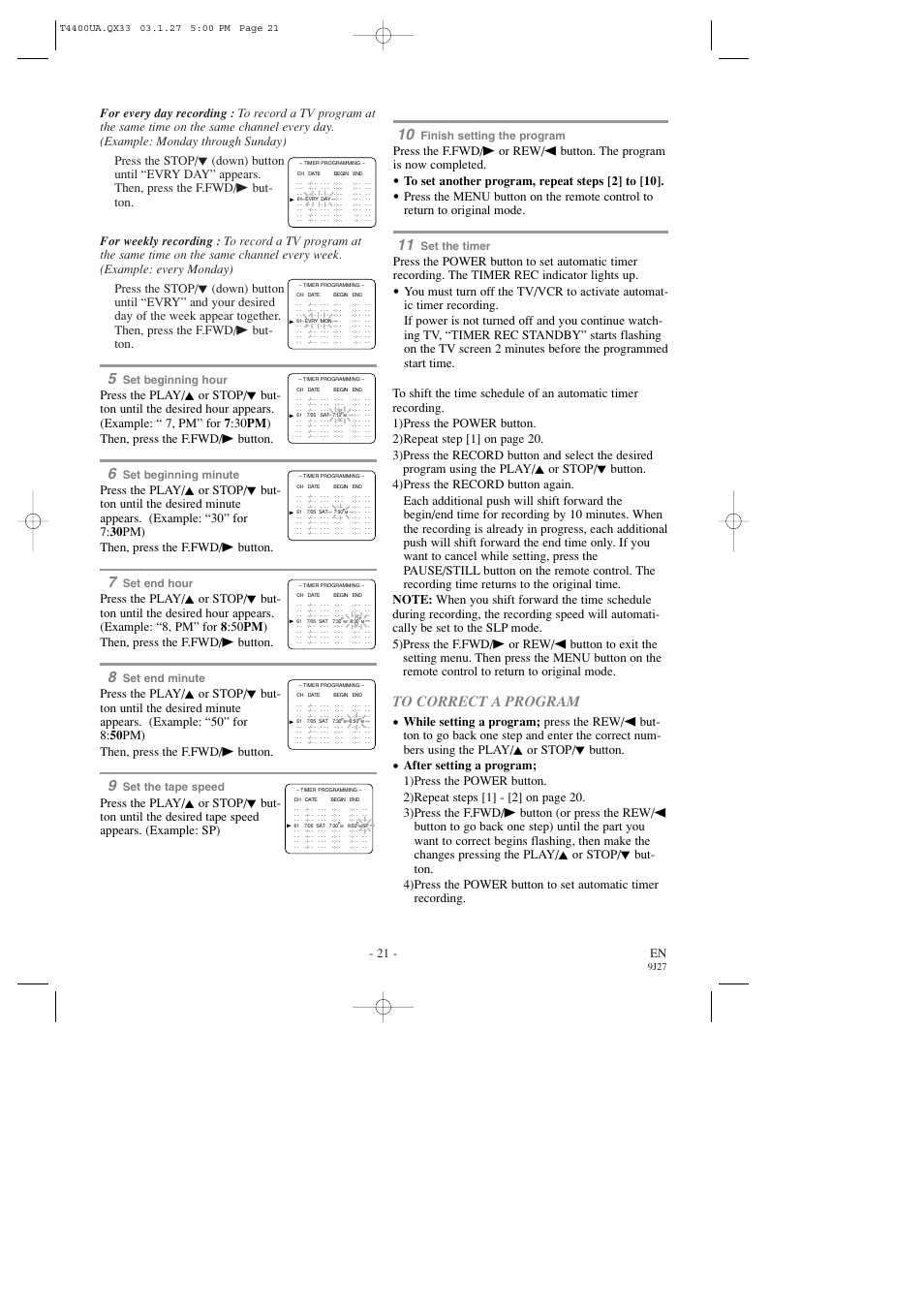 21 - en, Set beginning hour, Set beginning minute | Set end hour, Set end minute, Set the tape speed, Finish setting the program, Set the timer, 9j27 | Symphonic SC309D User Manual | Page 21 / 32