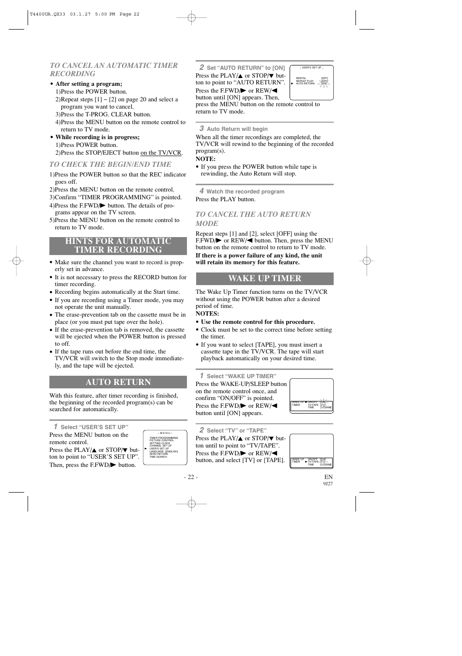 Hints for automatic timer recording, Auto return, Wake up timer | Symphonic SC309D User Manual | Page 22 / 32