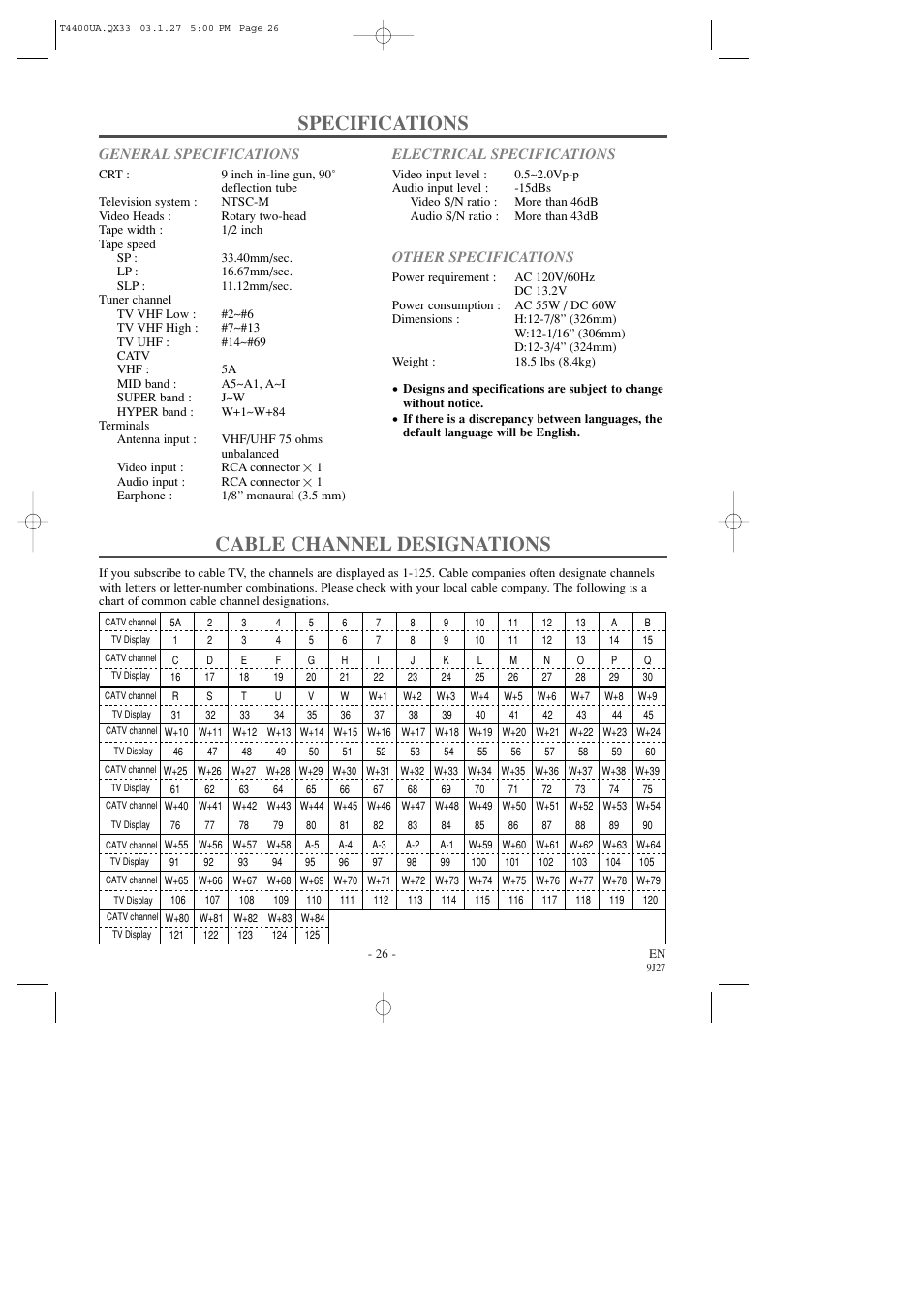 Specifications cable channel designations, General specifications, Electrical specifications | Other specifications | Symphonic SC309D User Manual | Page 26 / 32