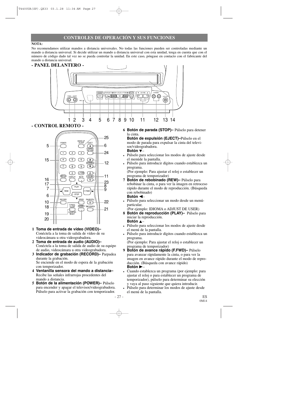 Controles de operación y sus funciones, Panel delantero - - control remoto | Symphonic SC309D User Manual | Page 27 / 32