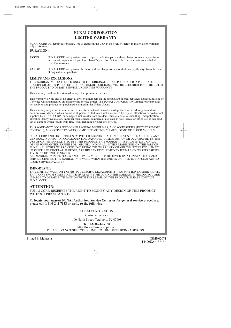 Funai corporation limited warranty, Attention | Symphonic SC309D User Manual | Page 32 / 32