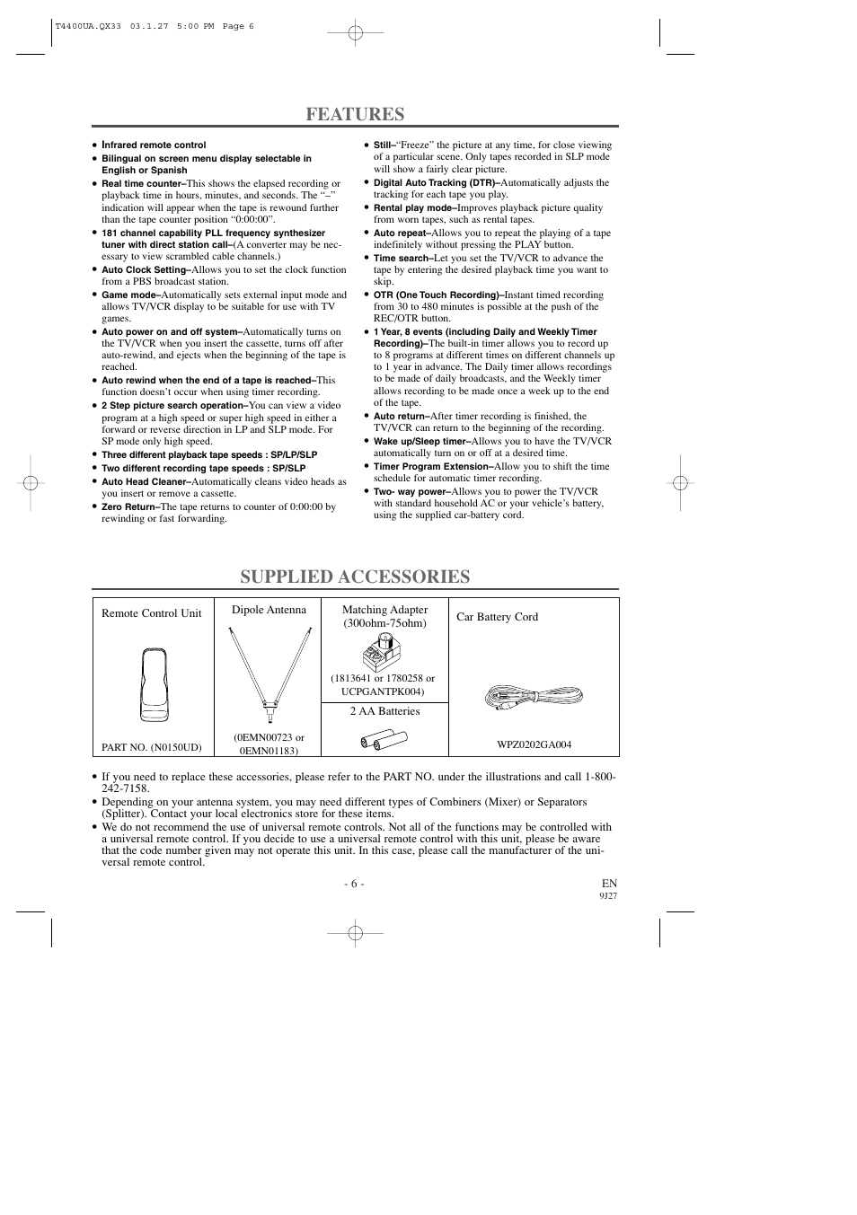 Features, Supplied accessories | Symphonic SC309D User Manual | Page 6 / 32